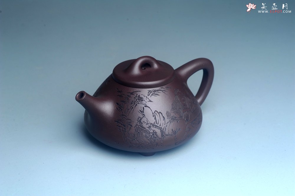 紫砂壶图片：实力派工艺师周斌优质底槽清全手工精工子冶石瓢 装饰竹林七贤 特文气 - 美壶网