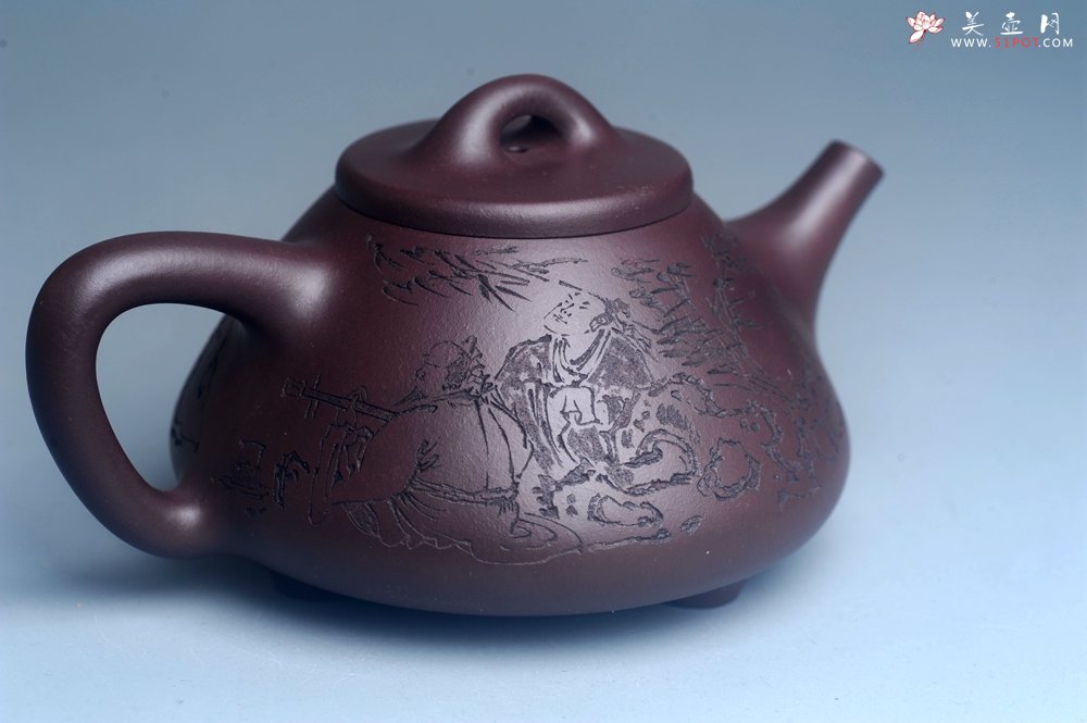 紫砂壶图片：实力派工艺师周斌优质底槽清全手工精工子冶石瓢 装饰竹林七贤 特文气 - 美壶网
