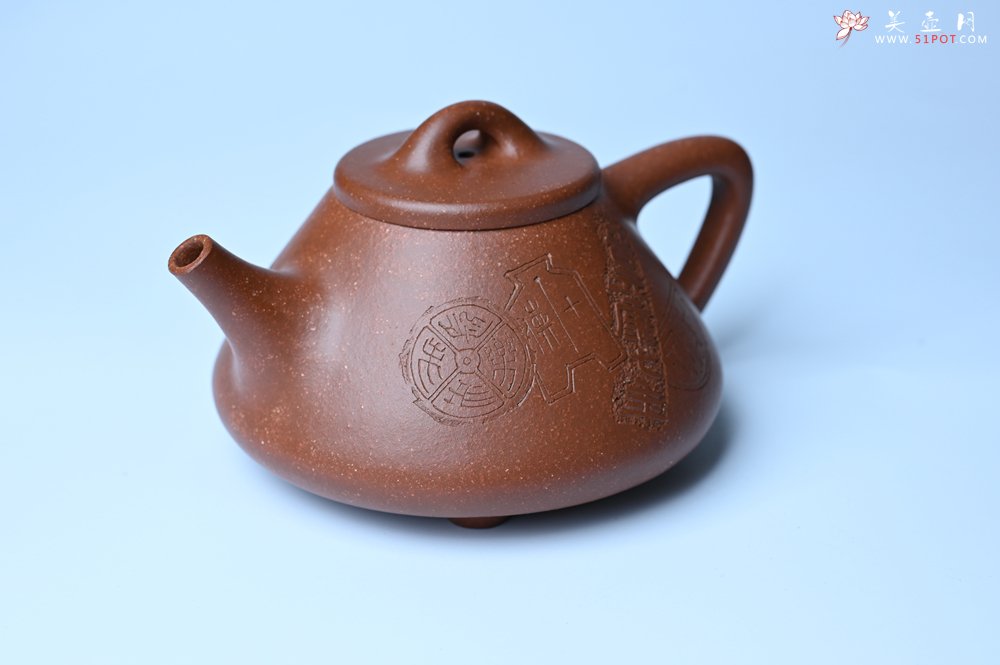 紫砂壶图片：潜力股周小培全手工降坡泥子冶石瓢 范小君徒杨志超装饰古钱币 饮之延年 特文气 - 美壶网