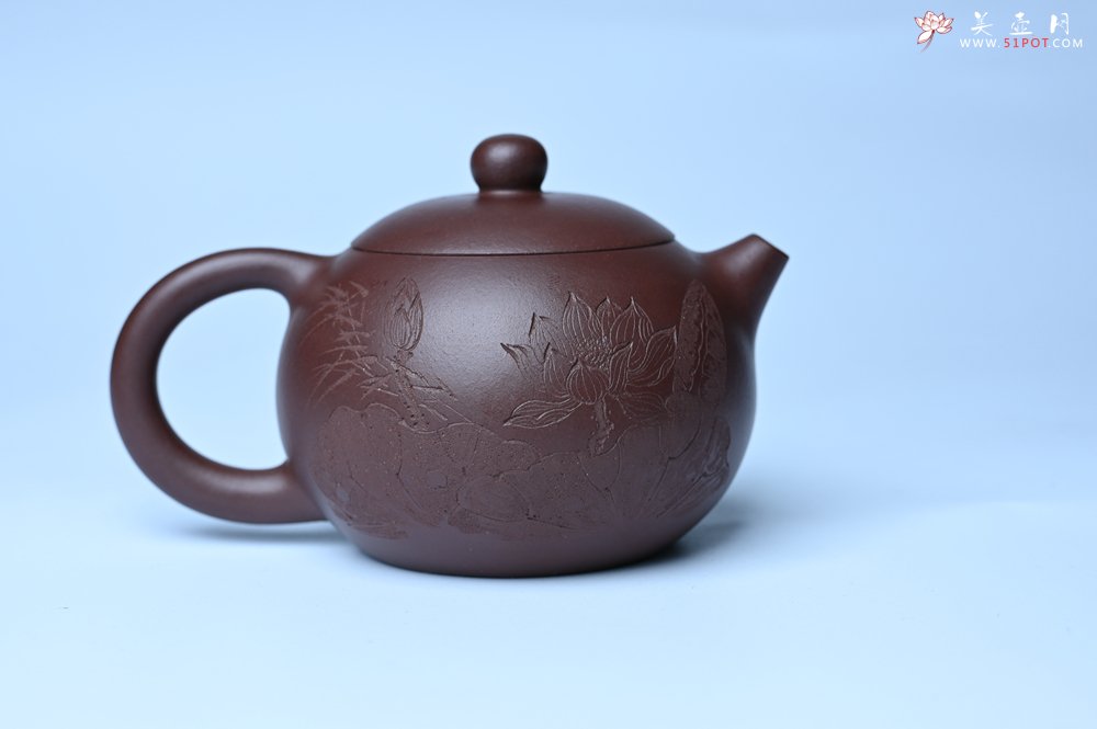 紫砂壶图片：油润底曹青 全手工西施茶壶 玉洁冰清 接天莲叶无穷碧 映日荷花别样红 - 美壶网
