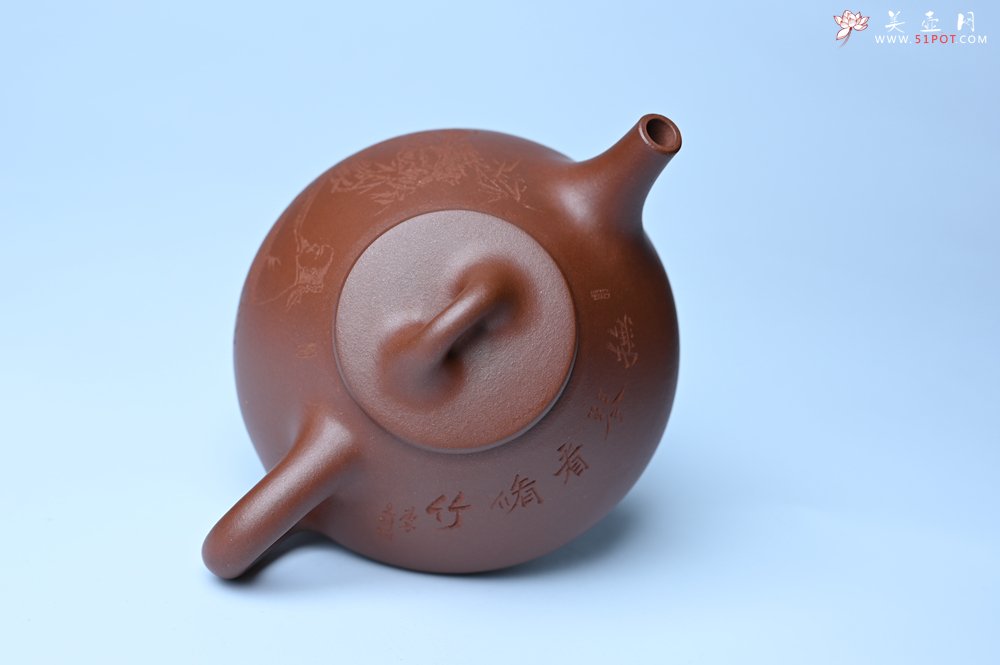 紫砂壶图片：特好底曹青 全手工小子冶石瓢 抚琴看修竹 装饰特文气 期待与亲结缘 - 美壶网