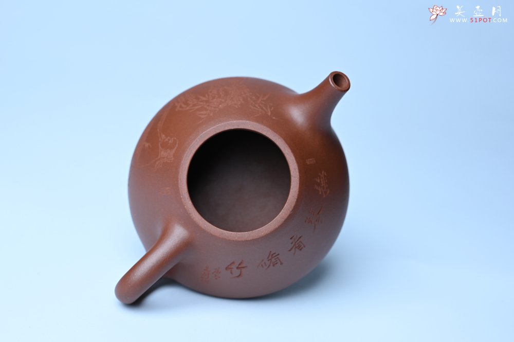 紫砂壶图片：特好底曹青 全手工小子冶石瓢 抚琴看修竹 装饰特文气 期待与亲结缘 - 美壶网