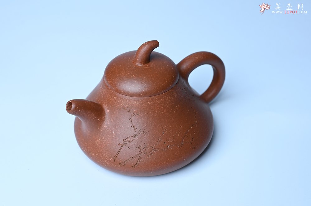 紫砂壶图片：美壶特惠 潜力股王老师 全手工拍打成型茄瓢壶 装饰枯枝鸟 特文气 - 美壶网
