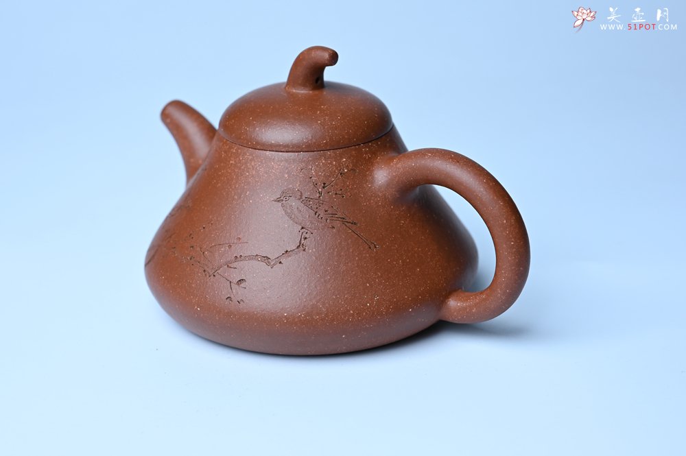 紫砂壶图片：美壶特惠 潜力股王老师 全手工拍打成型茄瓢壶 装饰枯枝鸟 特文气 - 美壶网