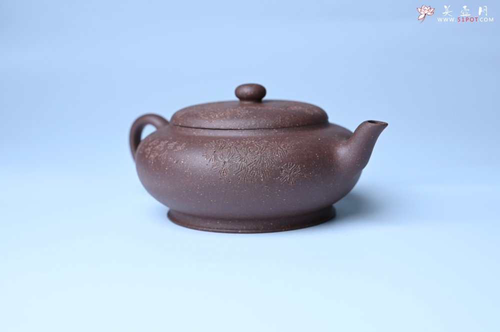 紫砂壶图片：美壶特惠 特好紫泥扁玉壶 装饰不老松 文气十足 - 美壶网