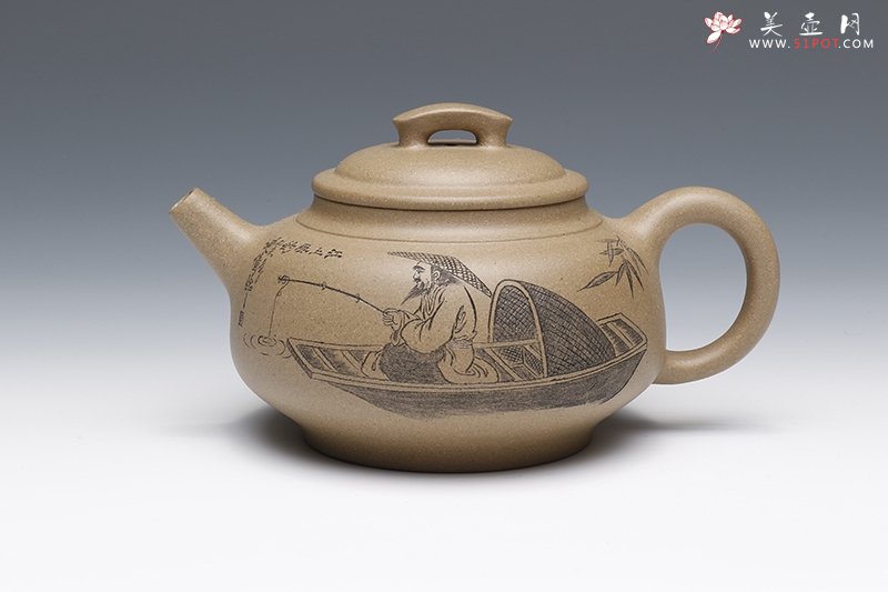 紫砂壶图片：江上垂钓 朱萍萍制作 朱建伟镌刻 - 美壶网