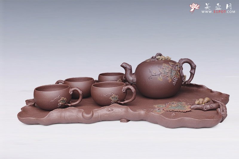 紫砂壶图片：松树葡萄套具 - 美壶网