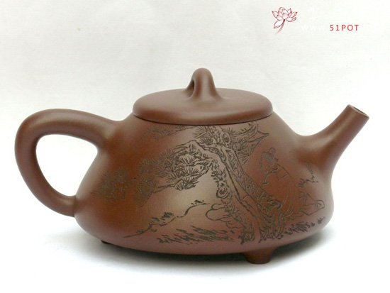 紫砂壶图片：石瓢（陶刻人物情趣） - 美壶网