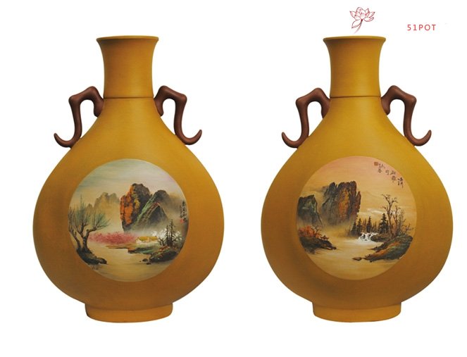 紫砂壶图片：堆绘山水花瓶 - 美壶网