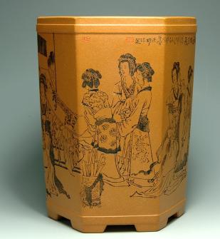 李彦雄紫砂壶 仕女六方笔筒 黄金段