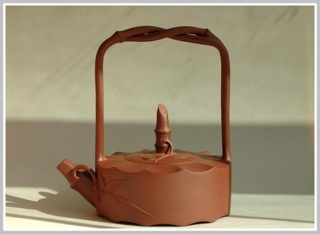 蔡一强紫砂壶 六方竹提梁 原矿紫泥