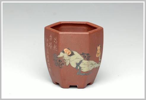 王余平紫砂壶 全手六方小花盆 原矿紫泥