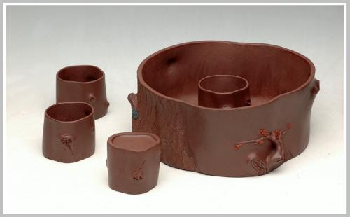 单志萍紫砂壶 全手松梅水洗杯子套组 原矿底槽清