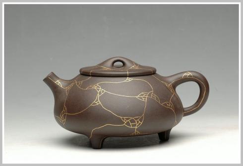 朱永忠紫砂壶 镶纯金 另类奢华 金纹石瓢 原矿黑泥