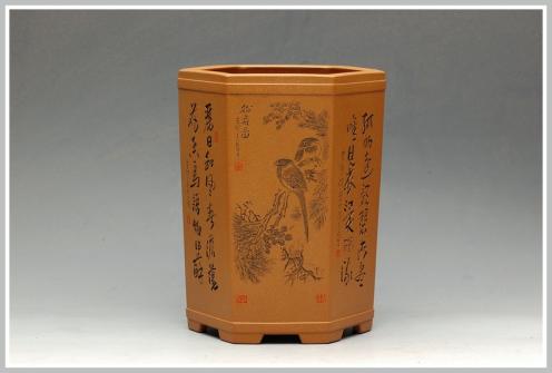 李彦雄紫砂壶 全手工六方笔筒  李彦雄老师精心装饰 大图多细品 黄金段