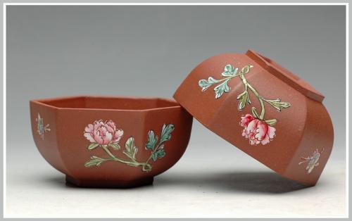 美壶定制紫砂壶 牡丹蝴蝶 点彩 六方品茗杯 