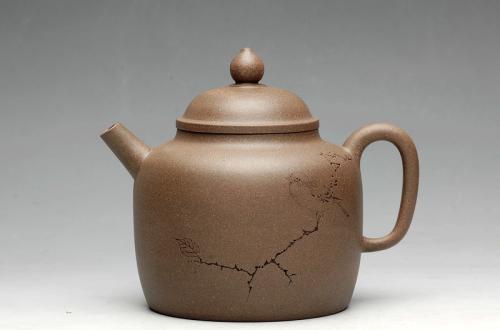 袁新强紫砂壶 轻巧实用 炮管杀茶 墨陶装饰鸳鸯  全手高德中 青灰泥