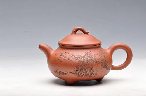 李彦雄紫砂壶 优质红皮龙 出水如柱 李氏山水 三足如意 红皮龙