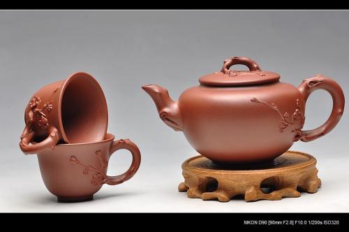 单志萍紫砂壶 清雅淡香 红皮龙 全手咏梅套组  红皮龙