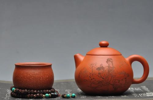 谭华斌紫砂壶 娇艳小红泥 秀雅清丽 人物生动 文旦 原矿红泥