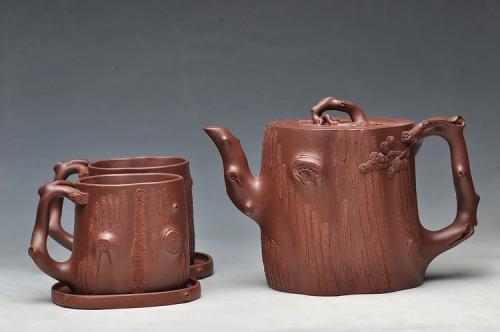 单志萍紫砂壶 挺拔高俊 古雅拙朴 全手精品青松套组2 原矿紫泥