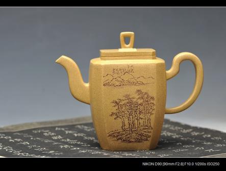 朱牧清紫砂壶 全手镶片 高八方 老味十足 刻绘老辣 本山绿泥