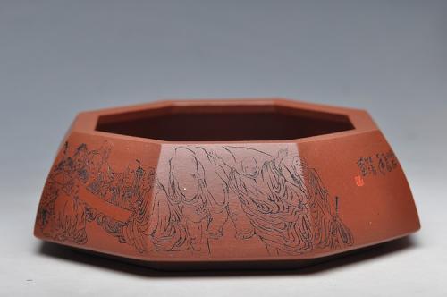 朱牧清紫砂壶 面面是佛 人物线条张弛有力 耐品 全手八方水洗 笔洗 原矿清水泥