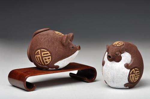 美壶定制紫砂壶 福鼠一对 憨厚可爱 造型新颖 有趣 原矿紫泥