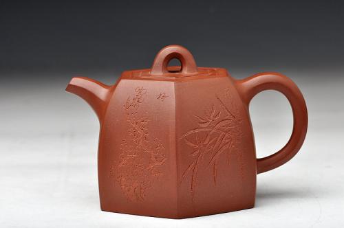 史金妹紫砂壶 史金妹经典代表作 全手秤砣六方 国大师李昌鸿即兴装饰 原矿清水泥