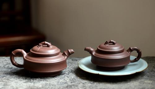 蔡一强紫砂壶 造型端正 双线竹鼓一对 劲道竹叶 飘逸 原矿紫泥