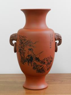 潘晓鸣紫砂壶 寻诗图 双耳瓶 原矿清水泥