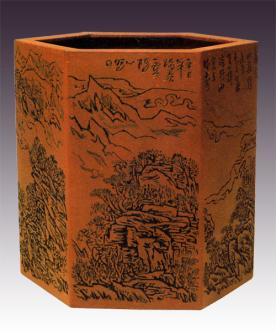 毛国强紫砂壶 六方通转笔筒 