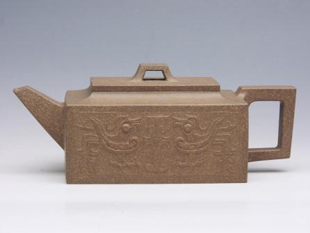 范泽君紫砂壶 龙凤呈祥四方壶 青灰泥