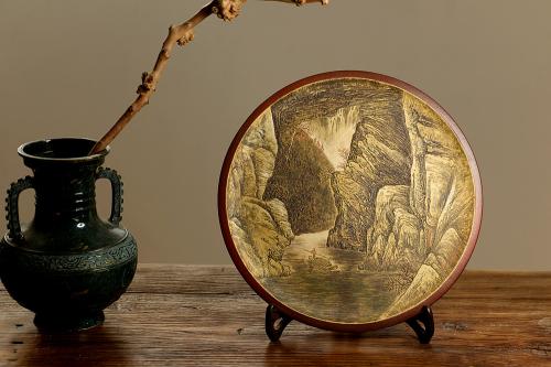 张听钢紫砂壶 张听刚新意装饰 山水挂盘 紫砂着色 韵味十足 精品~ 