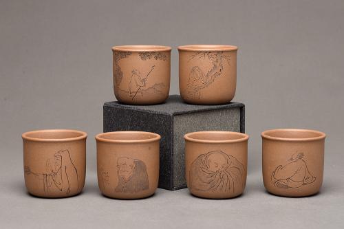 美壶定制紫砂壶 美壶特惠 游心堂主人和知秋合作精刻 高档套组杯 6个一组 送礼自玩佳品~ 原矿段泥