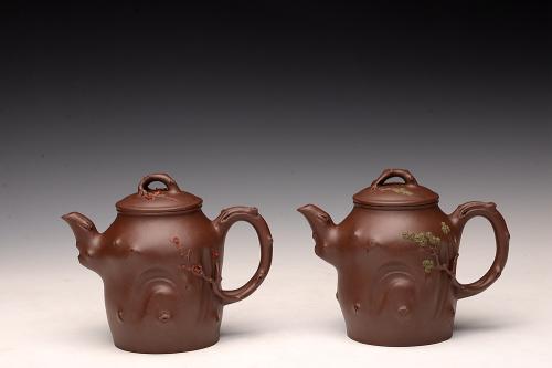 单志萍紫砂壶  苍劲之意 古拙之风 单志萍松梅对桩 经典花货题材 原矿紫泥