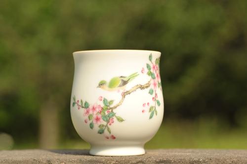 古月山房紫砂壶 新彩玉光白釉花鸟1 景德镇主人杯 