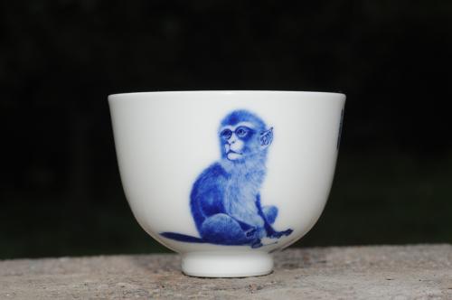 古月山房紫砂壶 生肖猴 景德镇全手工手绘青花主人杯  