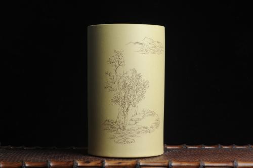 纪岳紫砂壶 美筒特惠 精品山水高帽笔筒三式 山高月小 水落石出 老师不打草稿直接空刻 一气呵成 原矿段泥