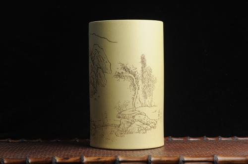 纪岳紫砂壶 美筒特惠 精品山水高帽笔筒一式 老师不打草稿直接空刻 一气呵成  原矿段泥