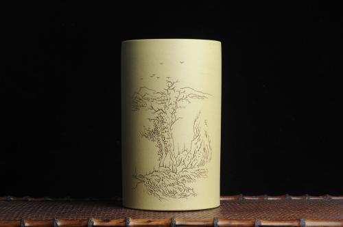 纪岳紫砂壶 美筒特惠 精品山水高帽笔筒二式 一曲新词酒一杯 老师不打草稿直接空刻 一气呵成  原矿段泥