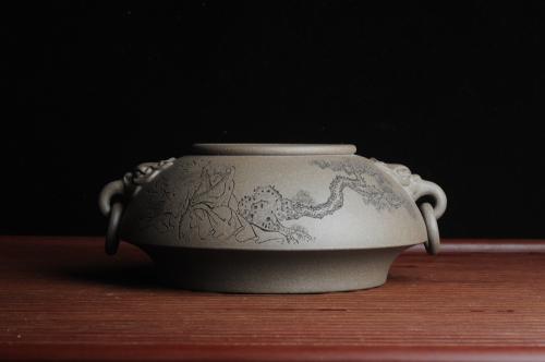 子陶紫砂壶 精品特惠 老青段精品瑞兽双耳罐 茶仓 茶叶罐 水洗 烟灰缸 多用 子陶刻老人松 不输名、家 