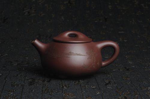 朱老师紫砂壶 美壶特惠 经典平盖小石瓢 满瓢（景舟石瓢）子木刻绘山水 原矿紫泥