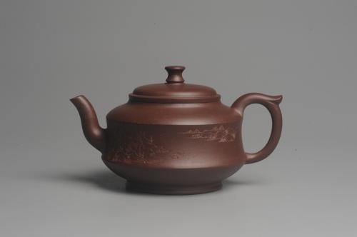 美壶定制紫砂壶 美壶特惠 油润调砂紫泥精致扁石壶 雅刻山水 原矿紫泥