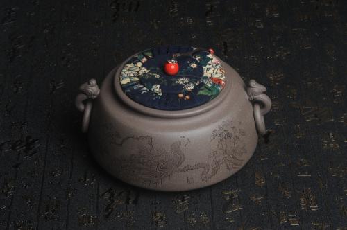 美壶定制紫砂壶 精品特惠 助工老青段精品瑞兽双耳罐 茶仓 茶叶罐 水洗 烟灰缸 神鸟图 