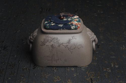美壶定制紫砂壶 精品特惠 助工老青段精品瑞兽双耳罐 茶仓 茶叶罐 水洗 烟灰缸 松下高士图 