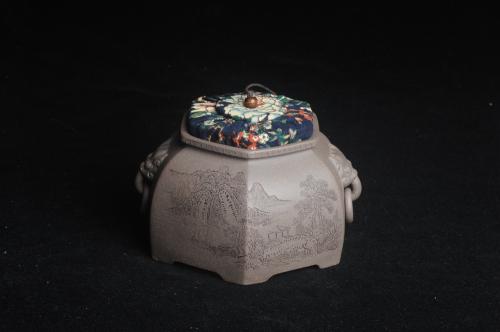 美壶定制紫砂壶 精品特惠 助工老青段精品山水六方瑞兽双耳罐 茶仓 茶叶罐 水洗 