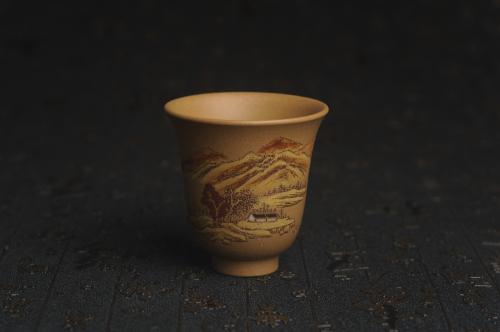 美壶定制紫砂壶 美杯国庆特惠 精品好泥好工好刻雅致泥绘山水主人杯 茶人醉爱 