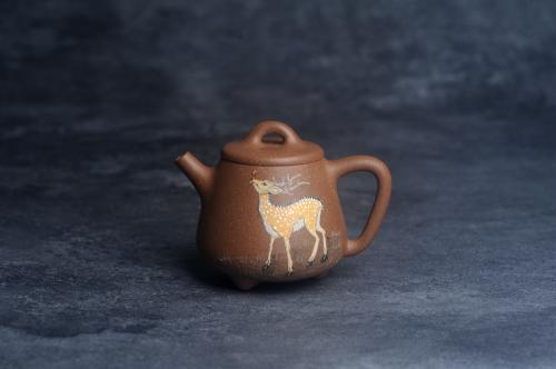 王静然紫砂壶 美壶特惠 潜力股王静然 精致老段泥高石瓢 泥绘梅花鹿 特文气 呦呦鹿鸣食野之苹 老段泥