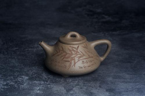 周小培紫砂壶 高温四号井老青段 全手工子冶石瓢 装饰经典老子冶画面板桥竹 特有品味 期待与您结缘 青段